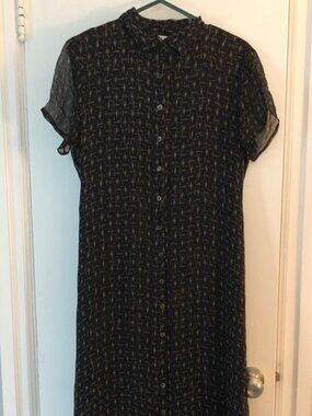 Robbie Bee VTG 100% Silk Shirt Maxi Black Dress Gold Geometric 8 Modest Goth